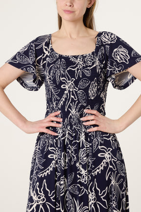 Shirred Drop Waist Doodle Leaf Dress