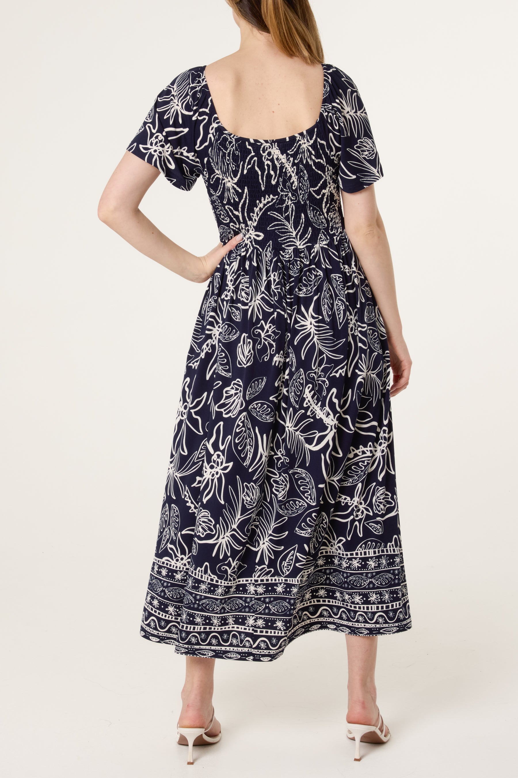 Shirred Drop Waist Doodle Leaf Dress