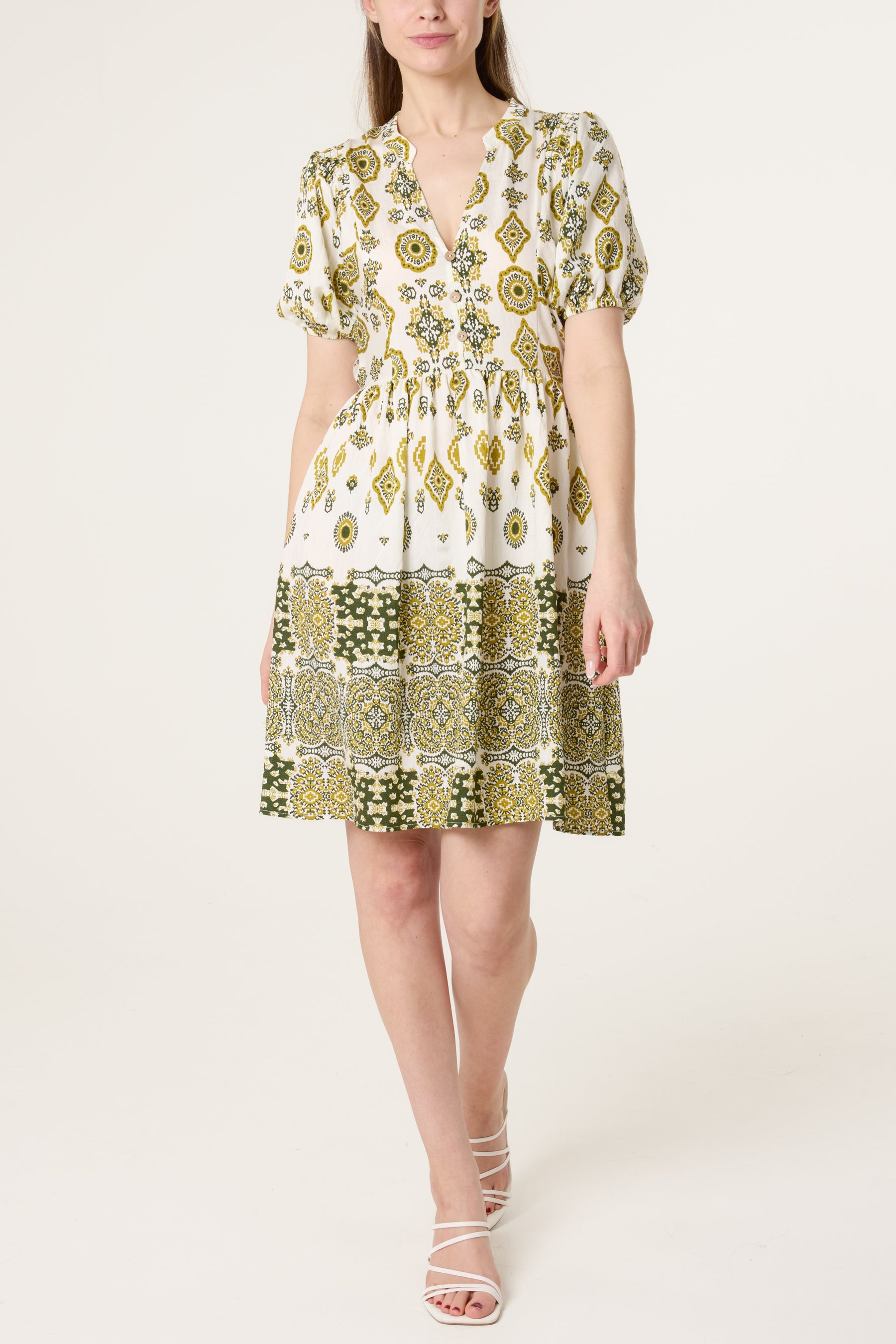 Border Print Open Collar Mini Dress