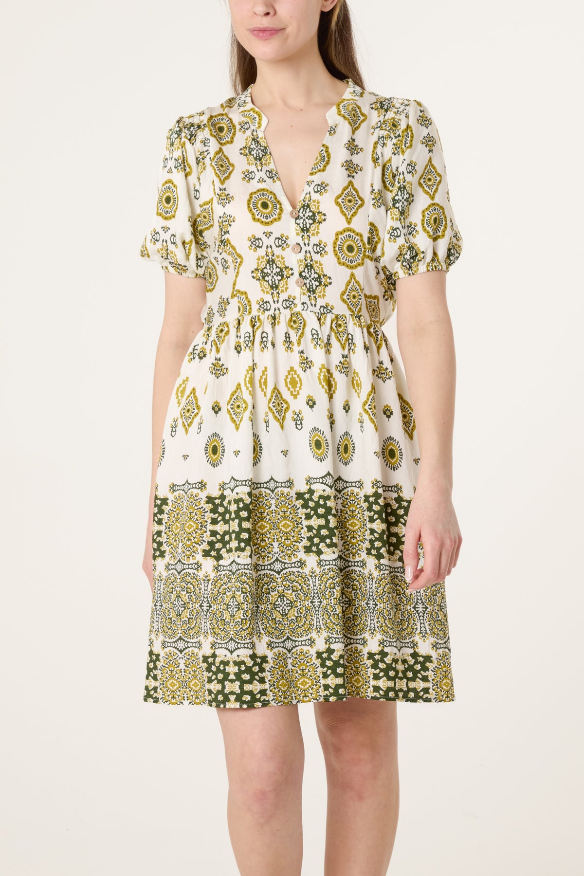 Border Print Open Collar Mini Dress