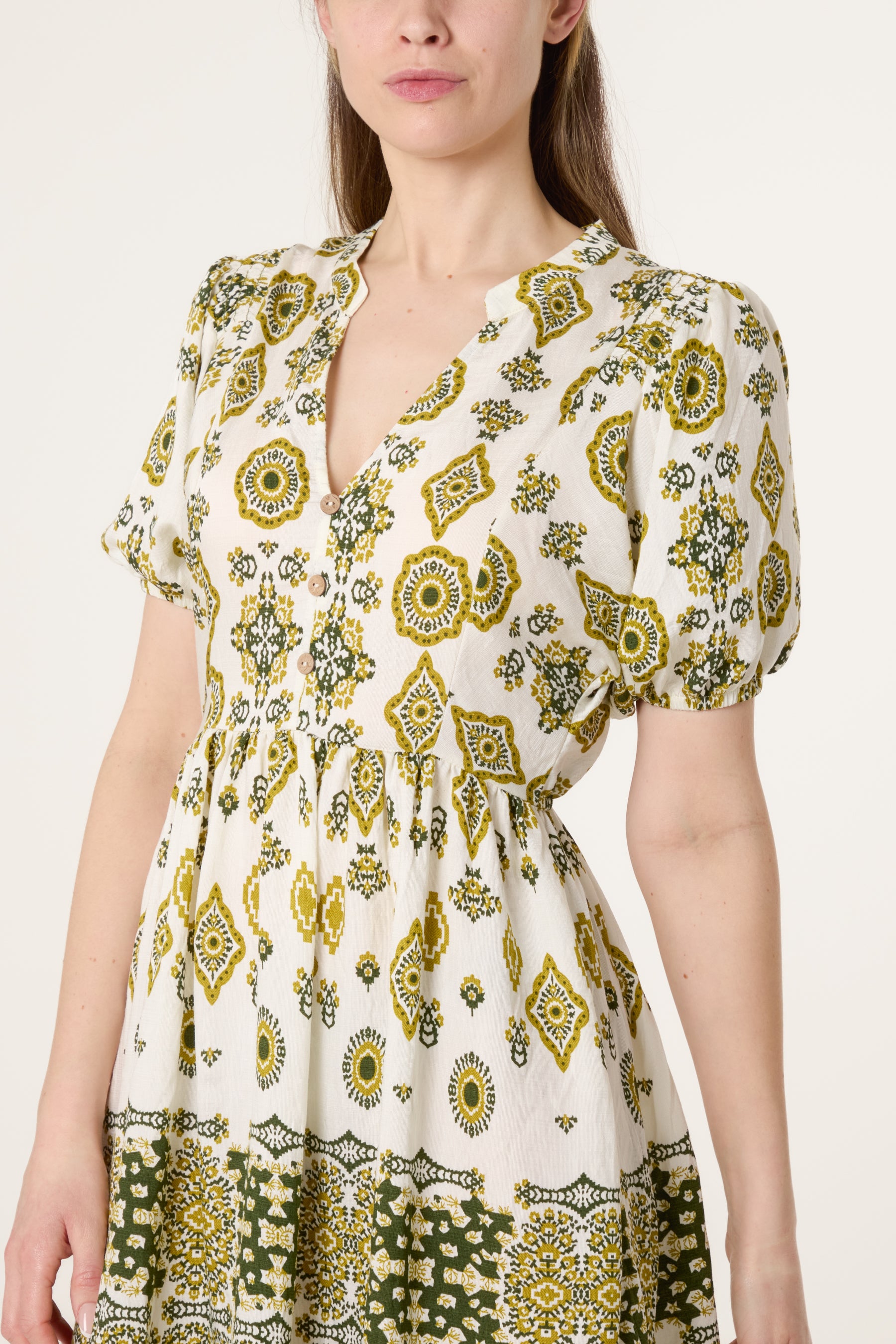 Border Print Open Collar Mini Dress