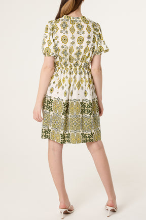 Border Print Open Collar Mini Dress