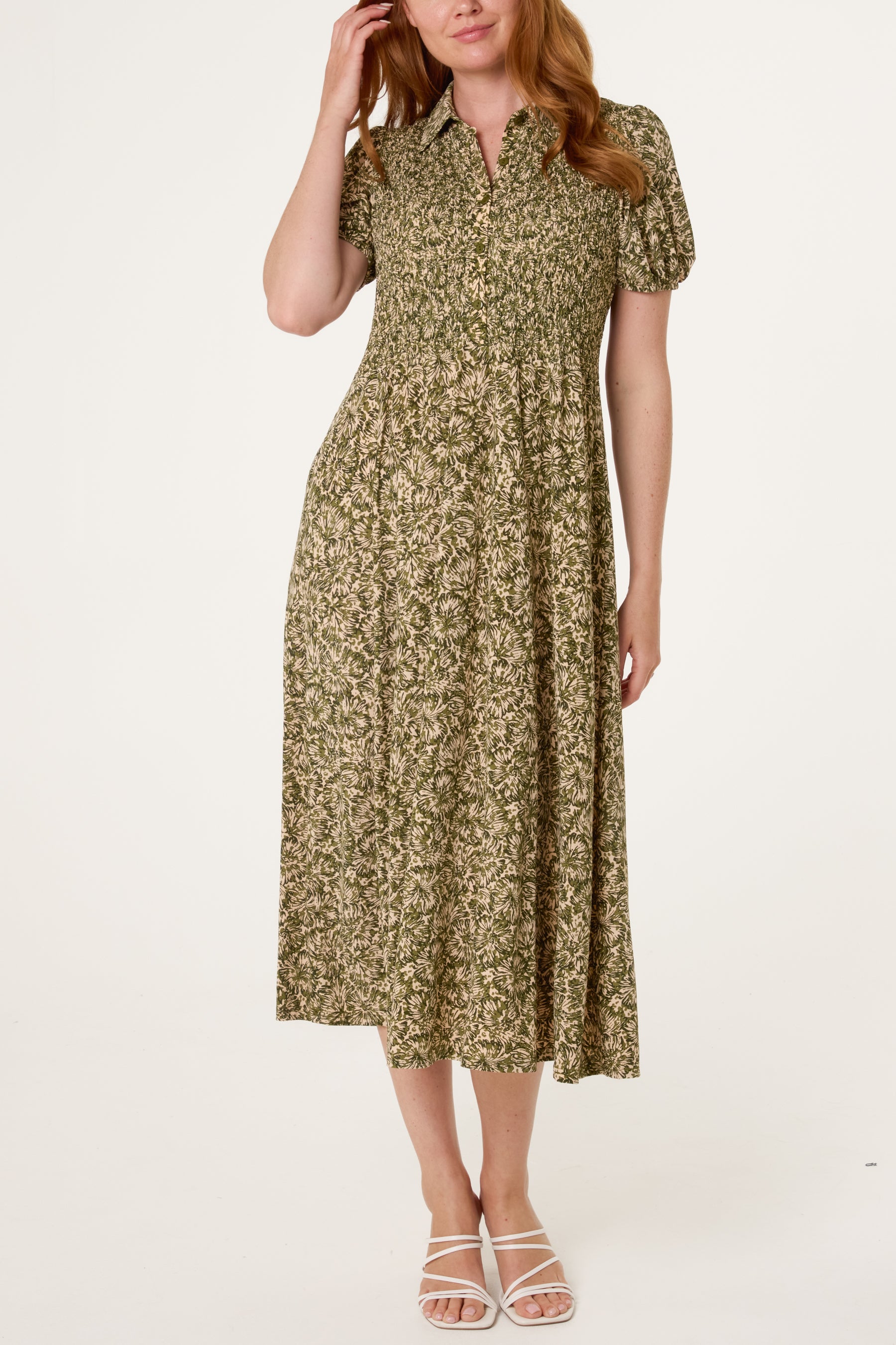 Shirred Button Bust Floral Dress