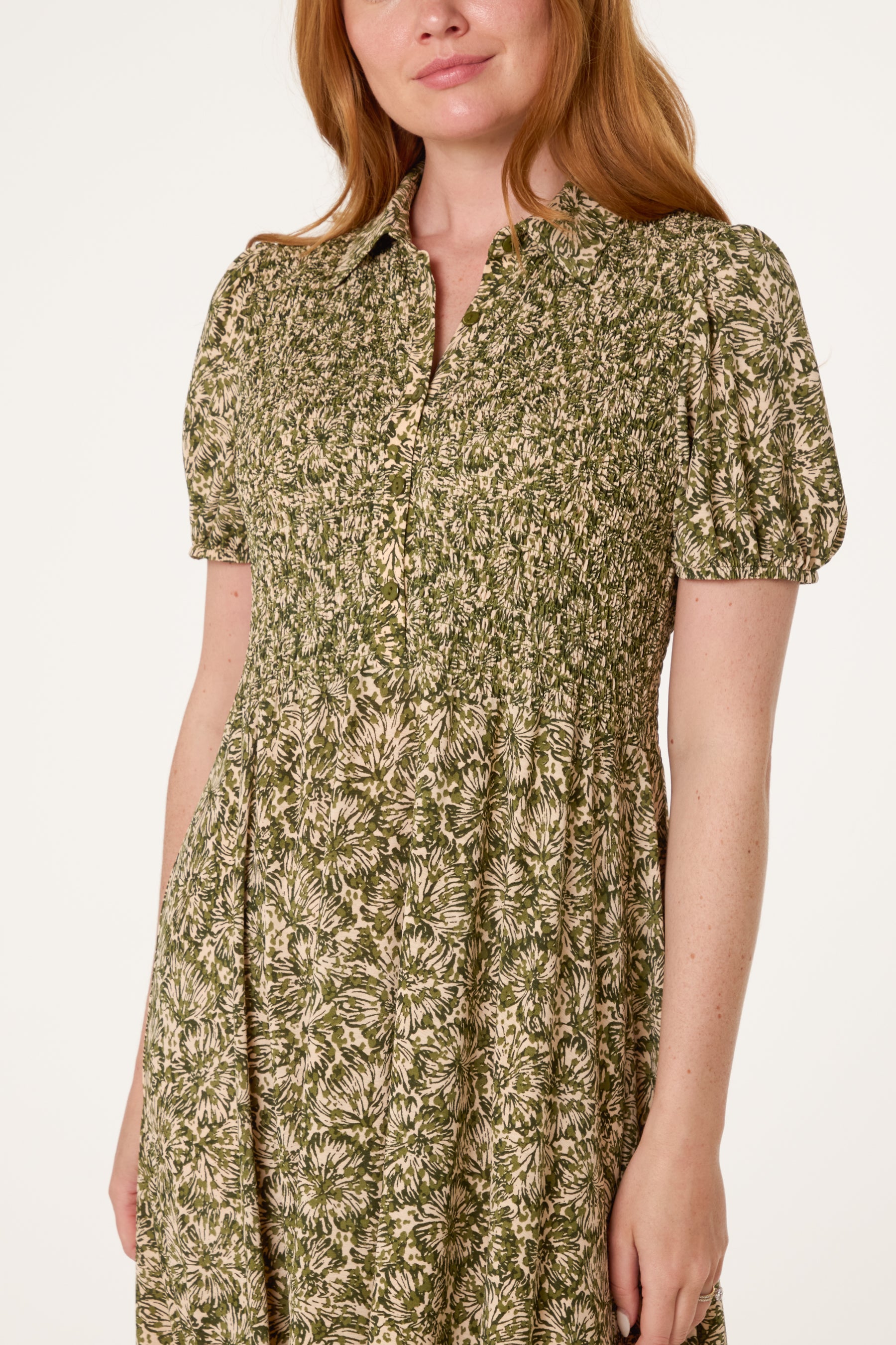 Shirred Button Bust Floral Dress