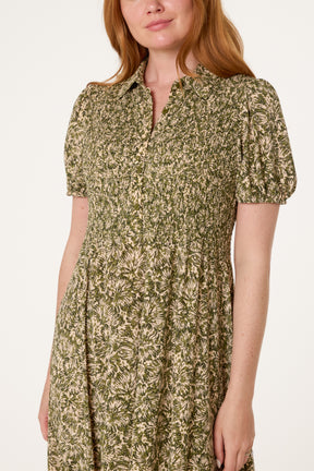 Shirred Button Bust Floral Dress