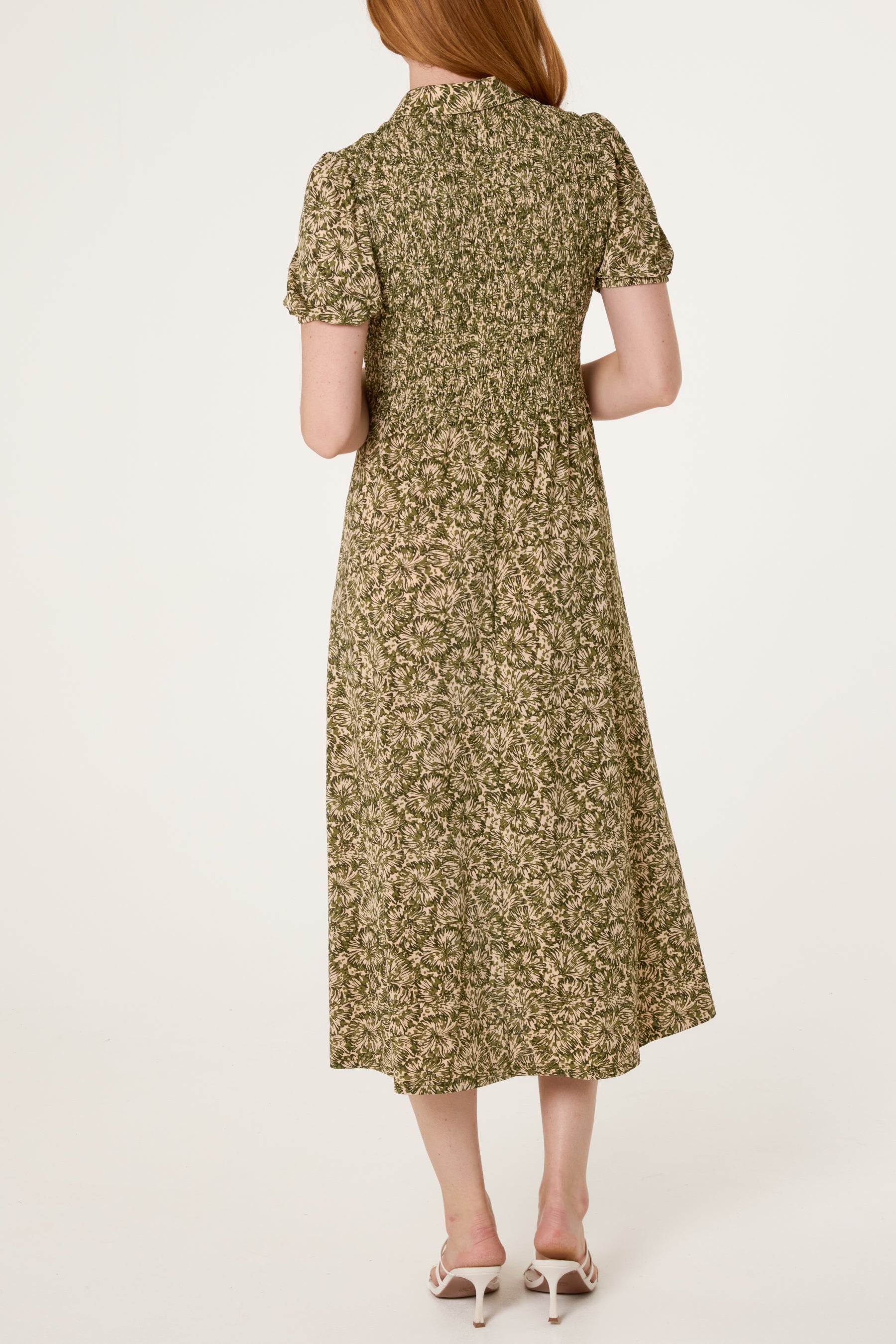 Shirred Button Bust Floral Dress