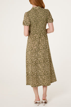 Shirred Button Bust Floral Dress