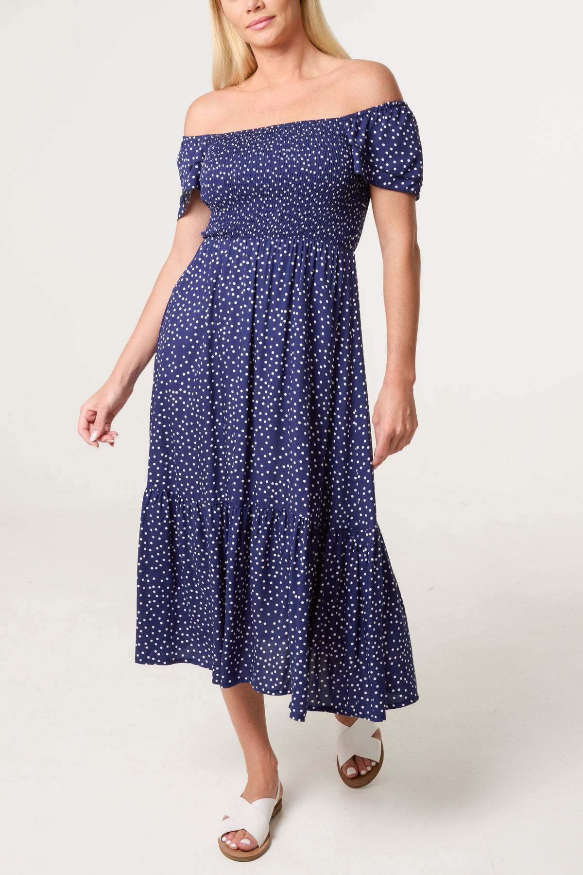 Shirred Bodice Bardot Polka Dot Dress