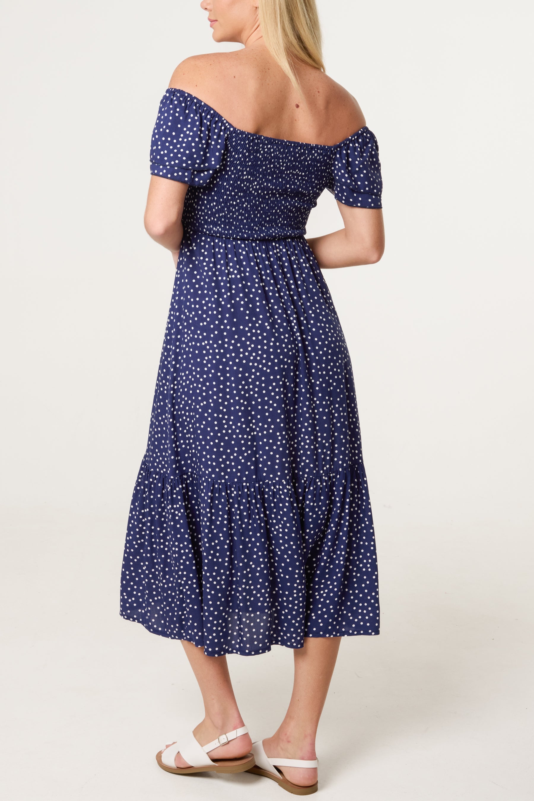 Shirred Bodice Bardot Polka Dot Dress
