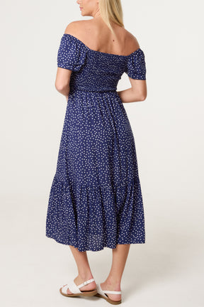 Shirred Bodice Bardot Polka Dot Dress
