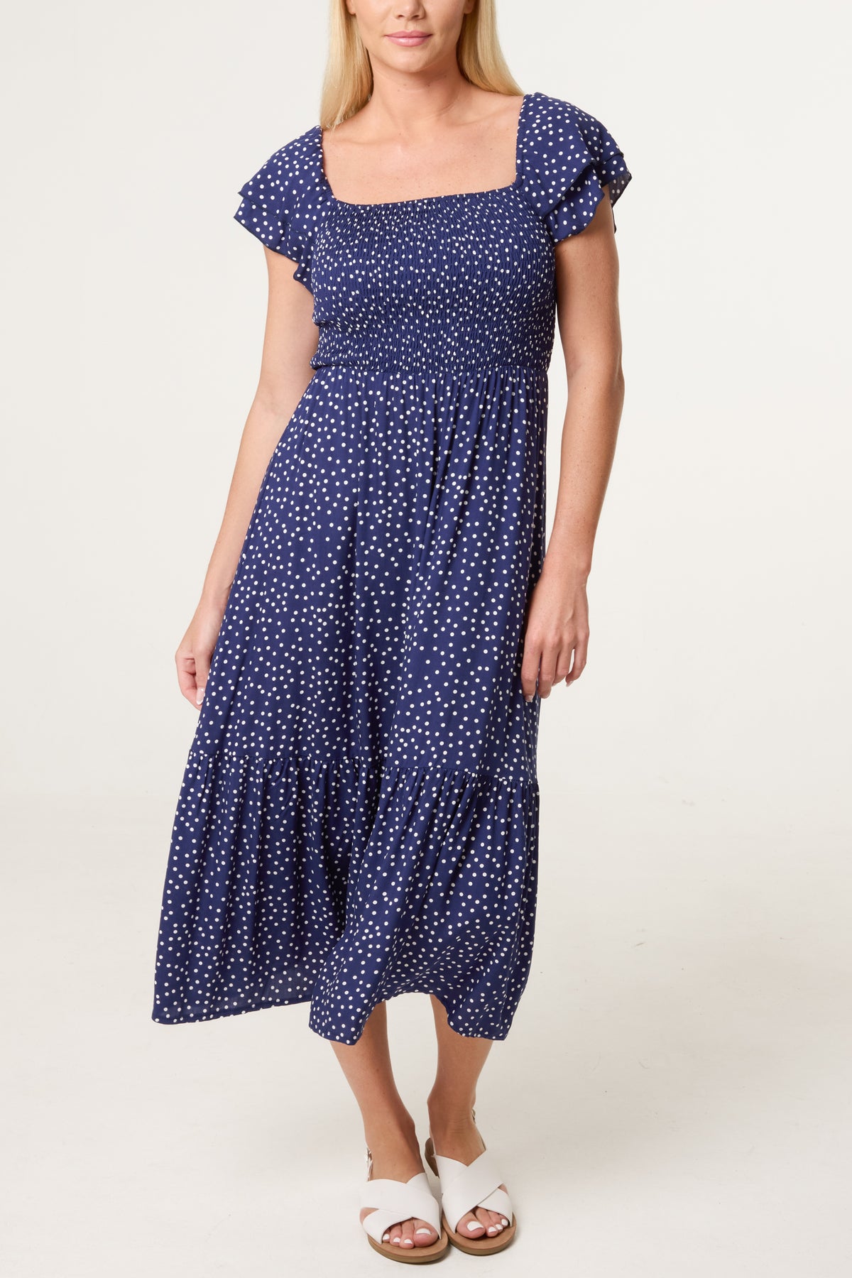 Shirred Bodice Bardot Polka Dot Dress