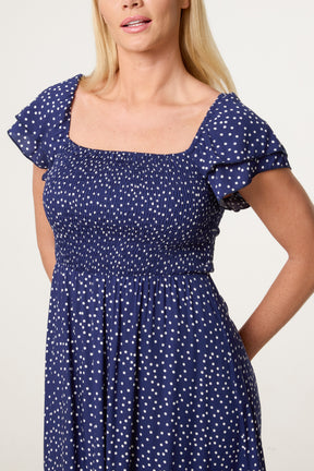 Shirred Bodice Bardot Polka Dot Dress