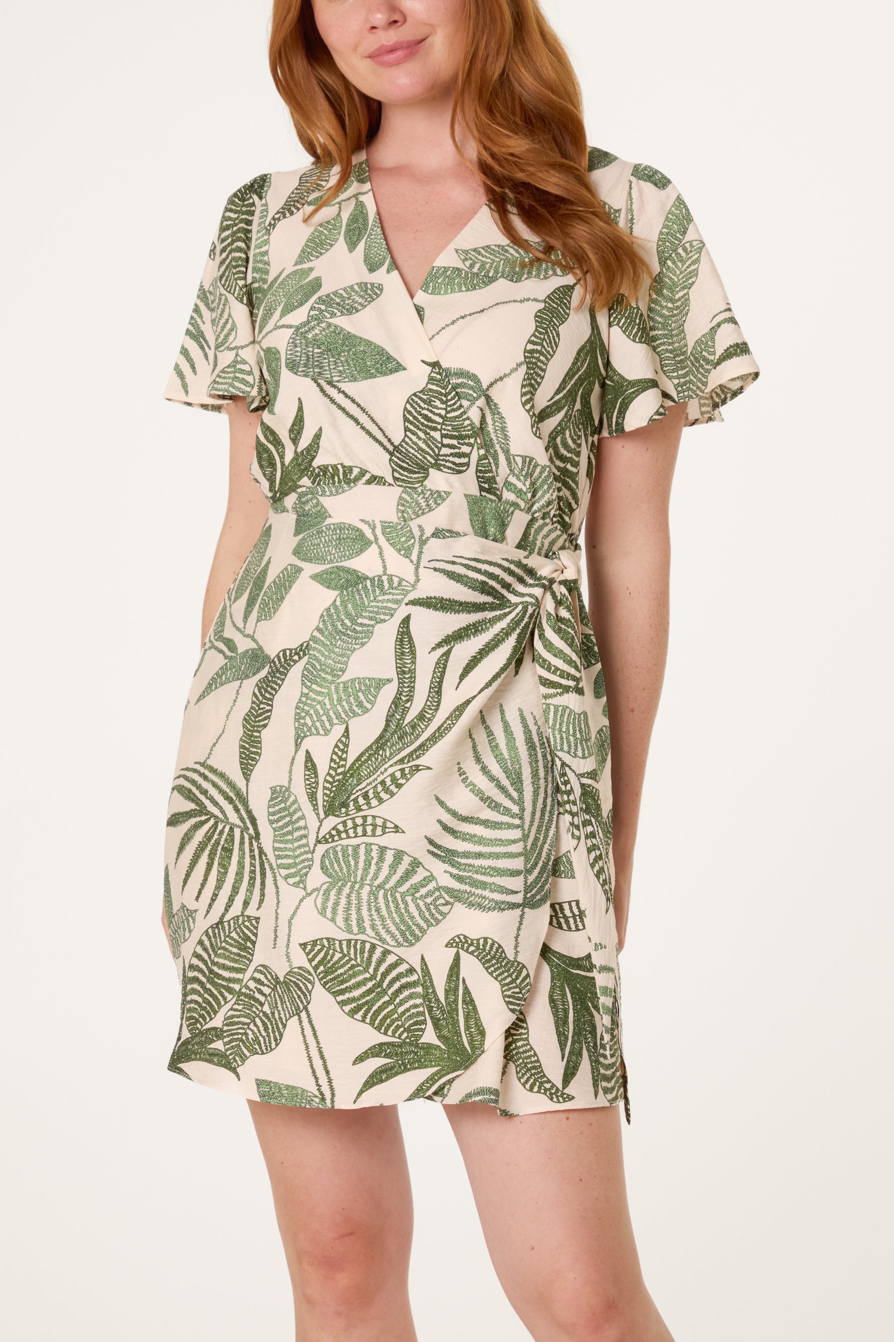 Leaf Print Wrap Front Sarong Dress