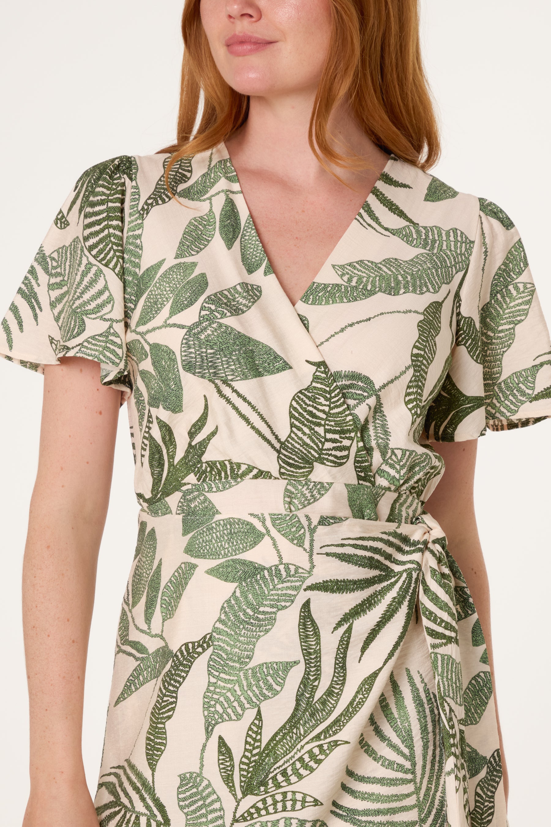 Leaf Print Wrap Front Sarong Dress