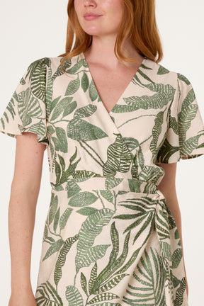 Leaf Print Wrap Front Sarong Dress