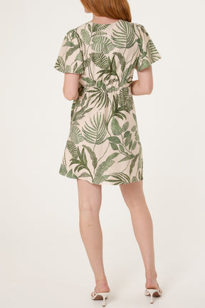Leaf Print Wrap Front Sarong Dress