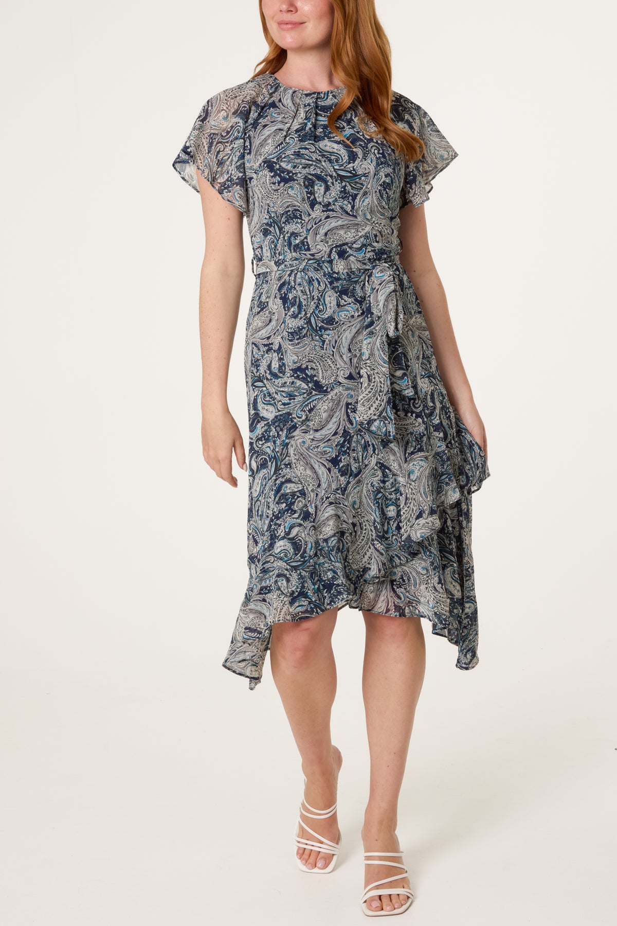 Pleated Neck Paisley Print Belted Dress