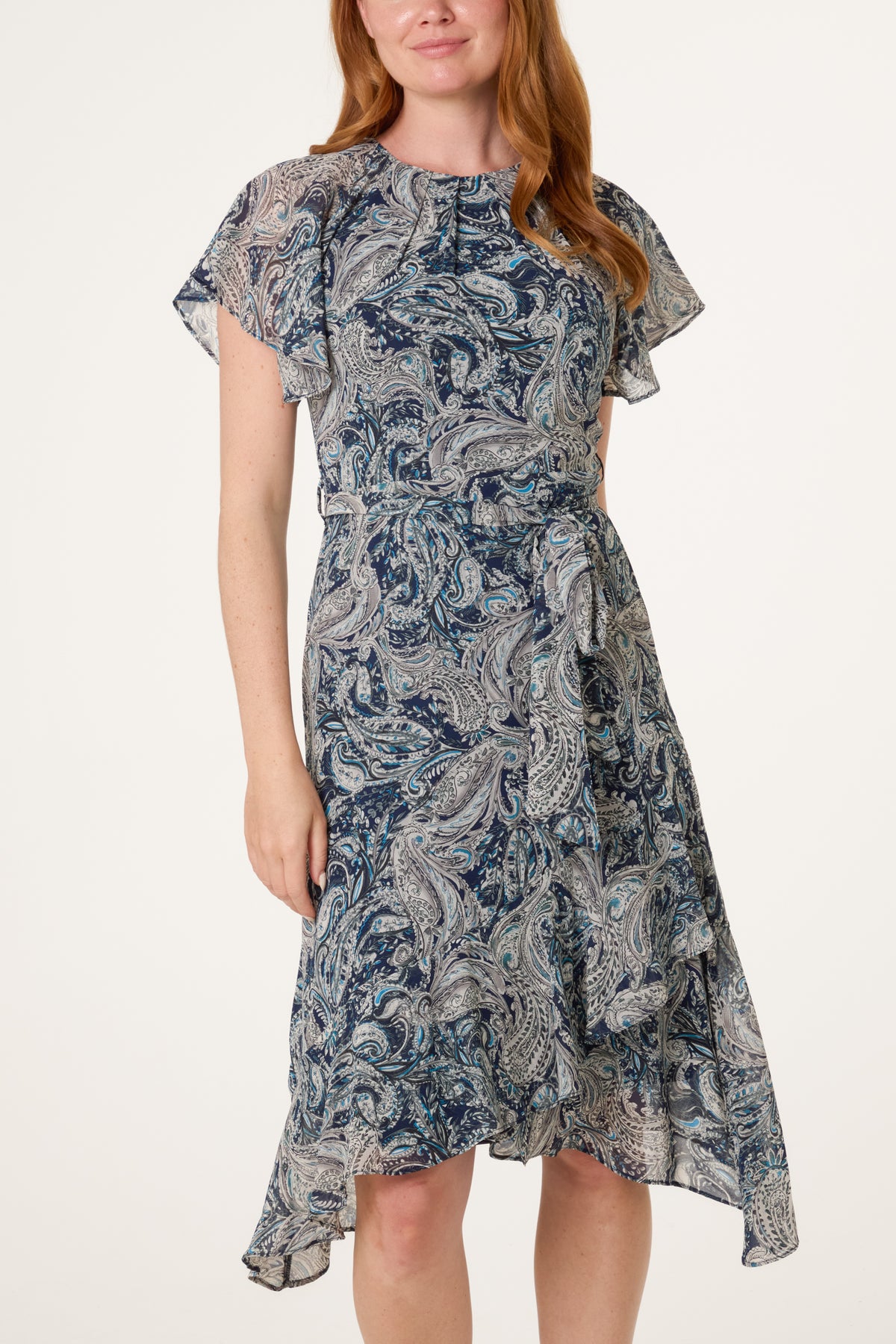 Pleated Neck Paisley Print Belted Dress