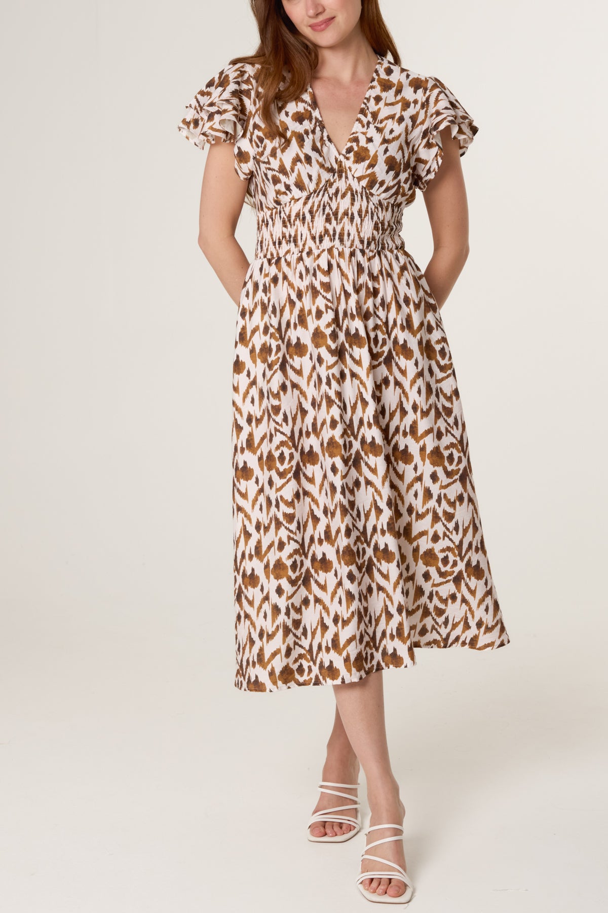 Ikat Print Shirred V-Neck Dress