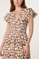 Ikat Print Shirred V-Neck Dress