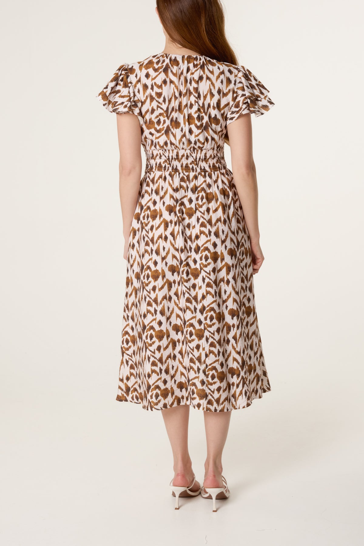Ikat Print Shirred V-Neck Dress