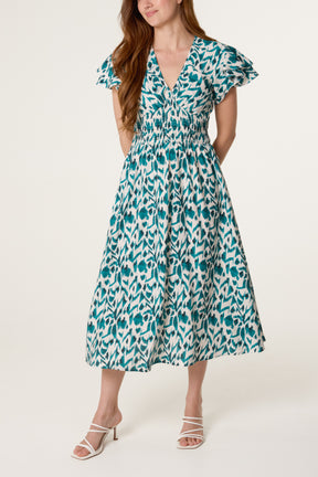 Ikat Print Shirred V-Neck Dress