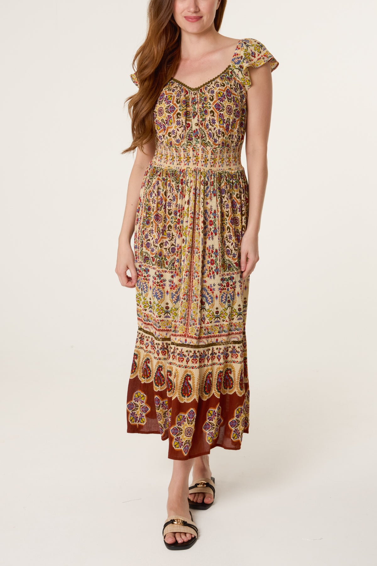 V-Neck Button Midi Printed Dress
