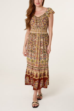 V-Neck Button Midi Printed Dress