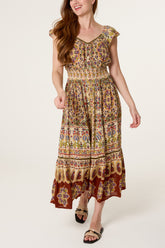 V-Neck Button Midi Printed Dress