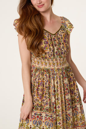 V-Neck Button Midi Printed Dress