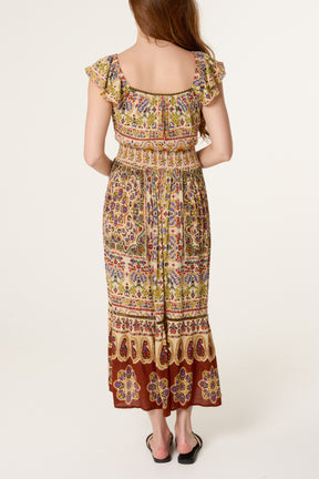 V-Neck Button Midi Printed Dress