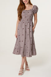 Floral Embroidered Gingham Milkmaid Dress