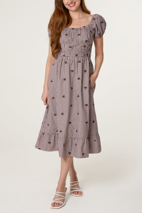 Floral Embroidered Gingham Milkmaid Dress