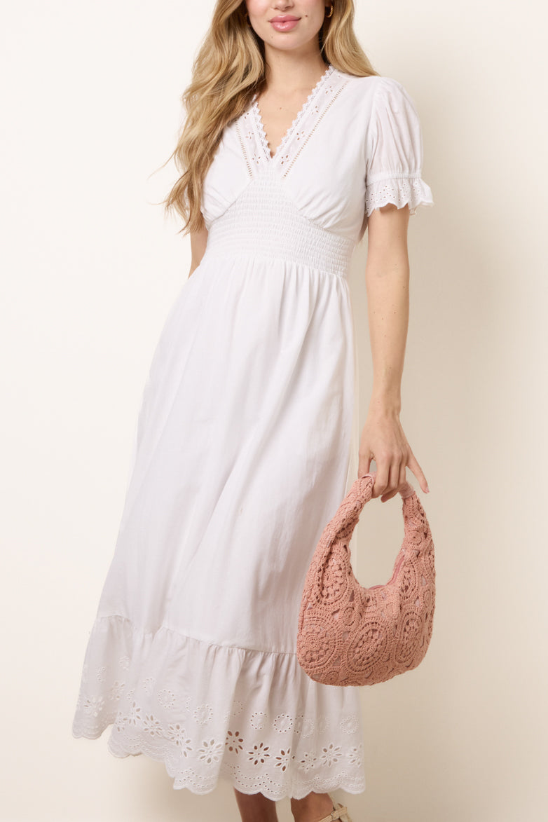 Broderie Anglaise Detail V-Neck Midi Dress
