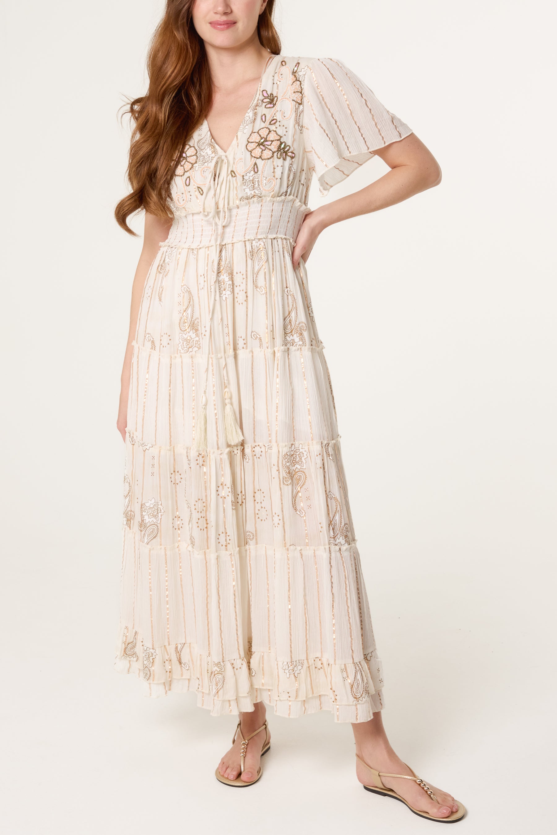 Beaded Detailed Viscose V-Neck Tiered Dress