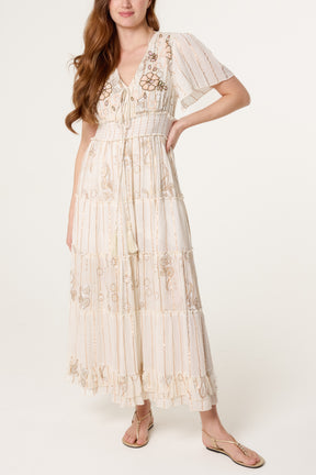Beaded Detailed Viscose V-Neck Tiered Dress