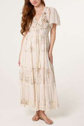 Beaded Detailed Viscose V-Neck Tiered Dress