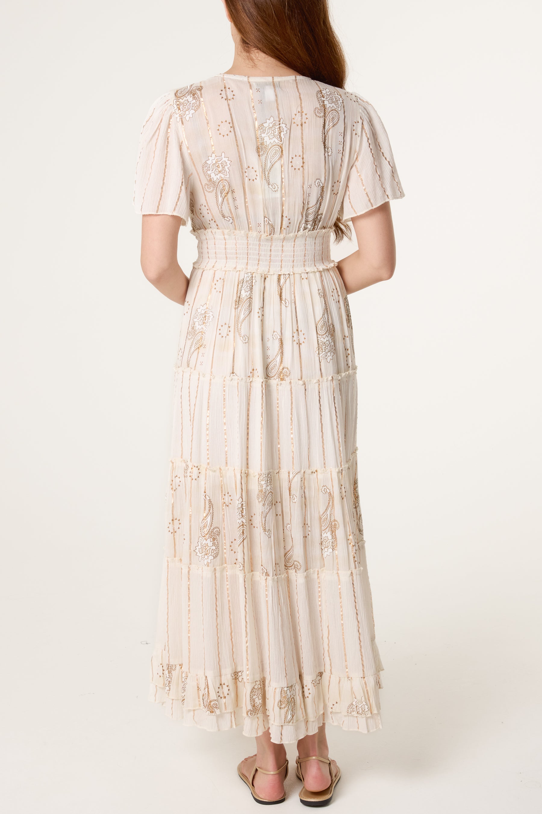 Beaded Detailed Viscose V-Neck Tiered Dress