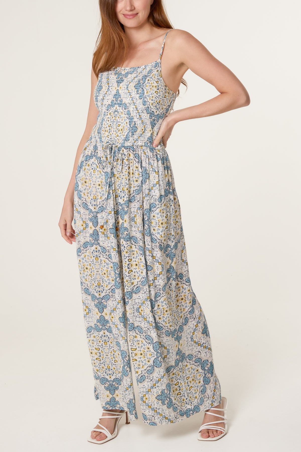 Ornamental Tile Shirred Jumpsuit