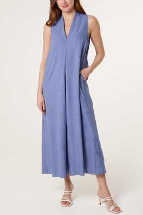 Pleat Sun Embroidered V Dress