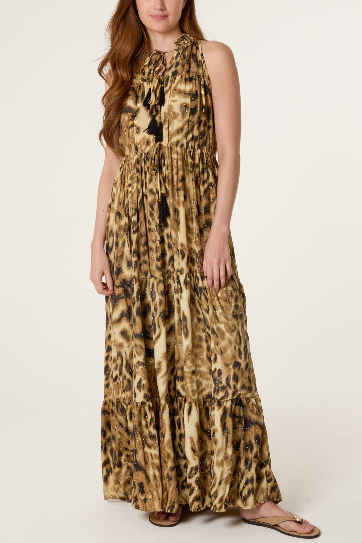 Leopard Front Tie Tier Maxi Dress