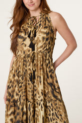 Leopard Front Tie Tier Maxi Dress