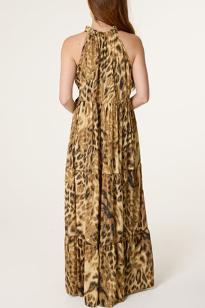 Leopard Front Tie Tier Maxi Dress