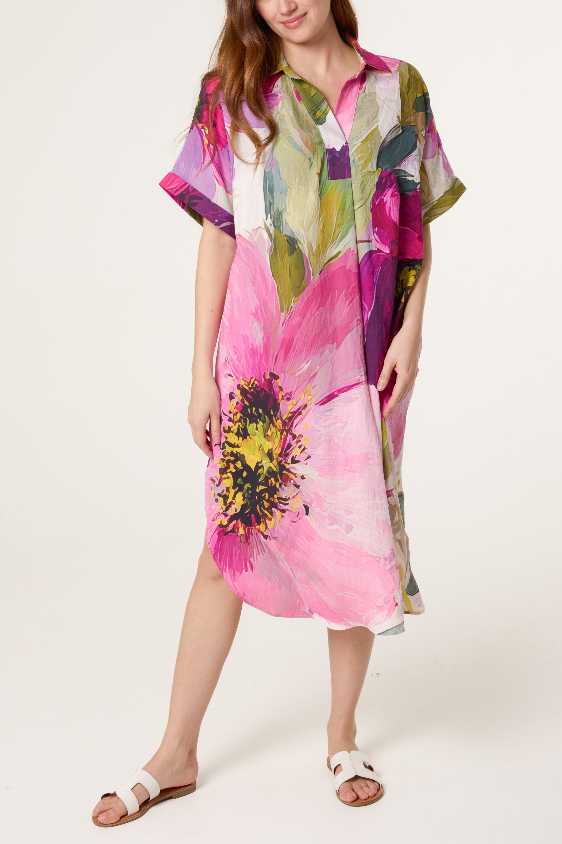 Watercolour Flower Open Collar Tunic Dress