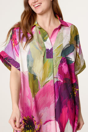 Watercolour Flower Open Collar Tunic Dress