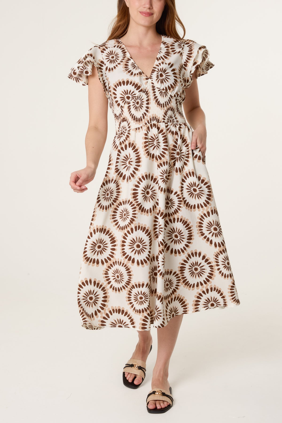 Petal Circles Ruffle V Dress