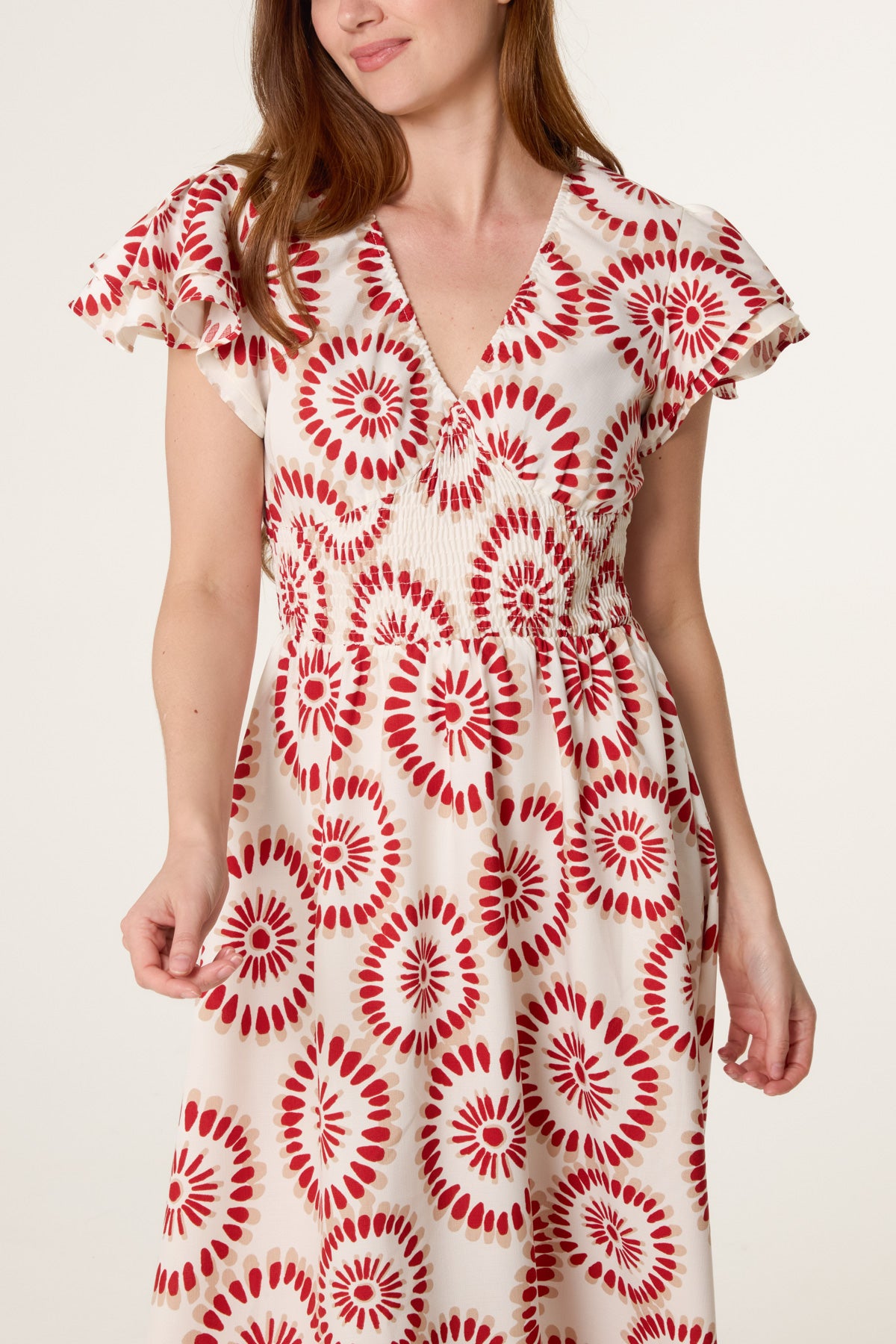 Petal Circles Ruffle V Dress