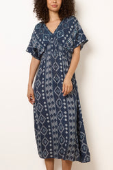 Shirred Waist Embellished Midi Dress
