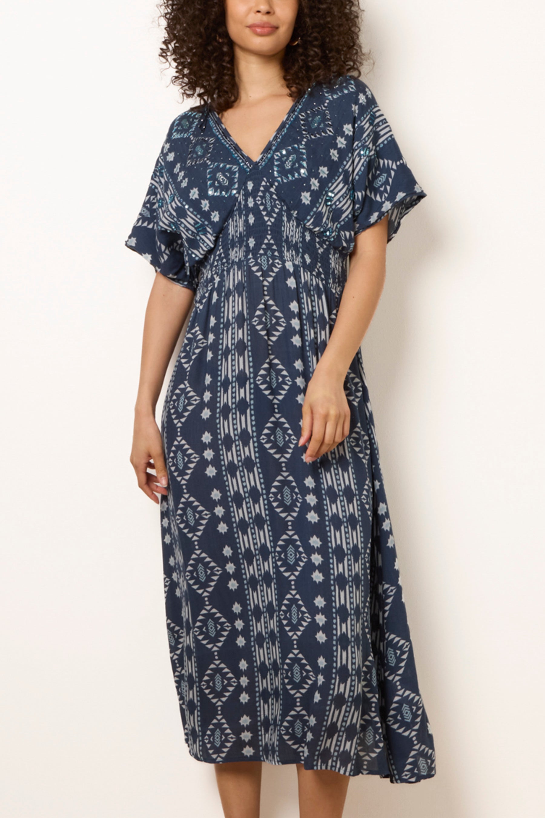 Shirred Waist Embellished Midi Dress