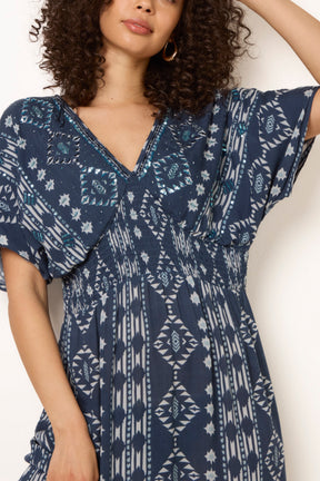 Shirred Waist Embellished Midi Dress